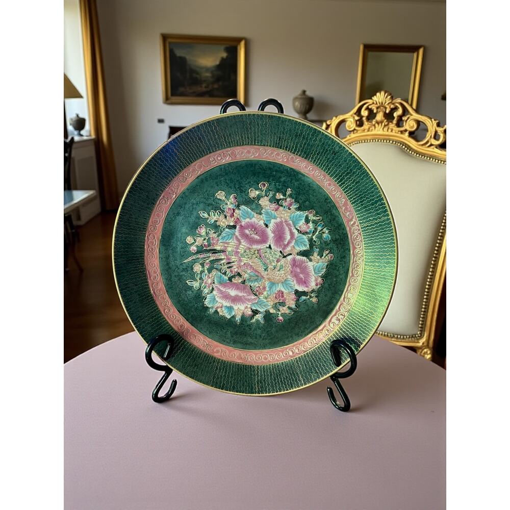 Chinese Famille Rose Raised Enamel Decorative Plate-10''-Green Pink Gold-Phoenix